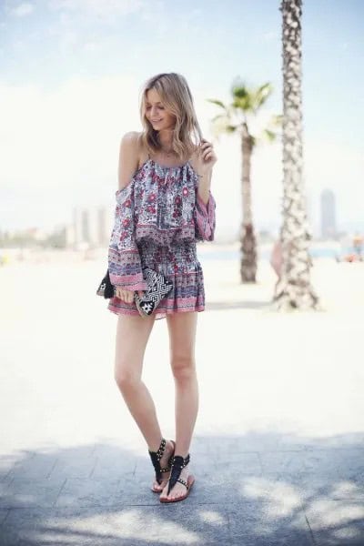 Grey Tribal Printed Mini Skater Dress