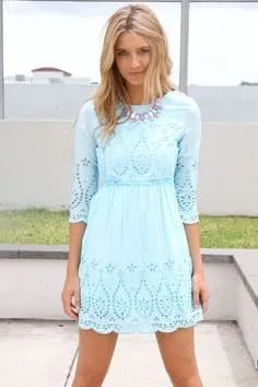 Three Quarter Sleeve Fit and Flared Boho Style Lace Mini Dress