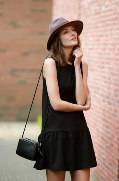 Black Tank Drop Waist Mini Skater Dress with Felt Hat