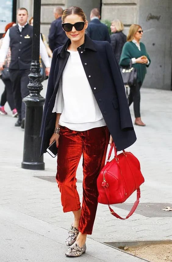 Military Coat and Coral Red Velvet Pants