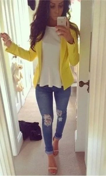 Yellow Summer Blazer with White Peplum Top & Skinny Jeans