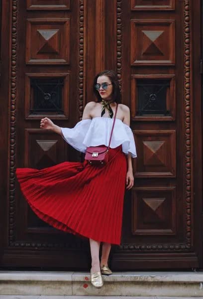 Light Blue Off The Shoulder Blouse with Red Midi Pleated Skirt