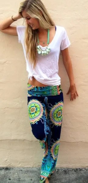 White Knotted Tee with Black and Yellow Tribal Printed Beach Pants