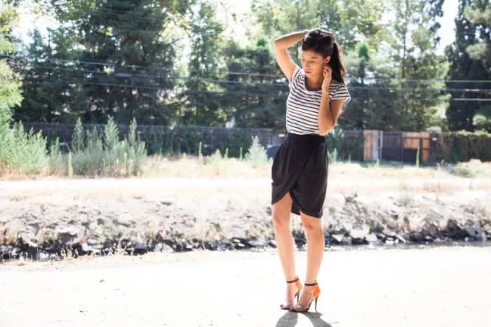 Black Mini Skirt with Striped Short Sleeve Tee