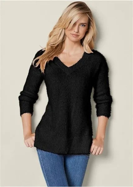 Black V Neck Slim Fit Knit Sweater with Blue Skinny Jeans