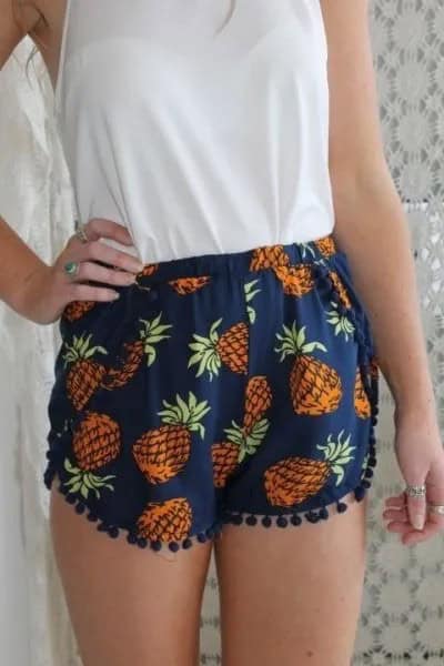 Navy Pineapple Printed Tassel Shorts with White Sleeveless Blouse