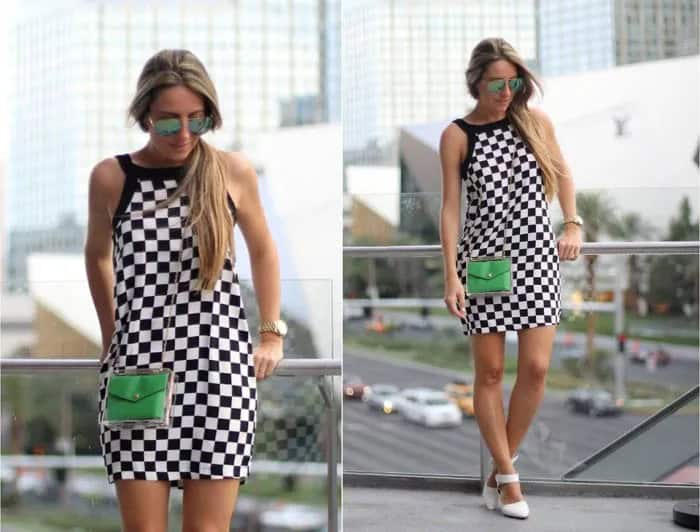 Checkered Halter Shift Mini Dress with White Heels