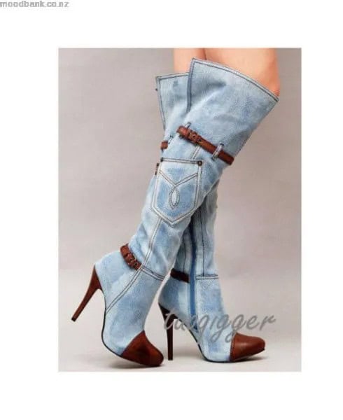 Heeled Washed Denim Knee High Boots with Mini Dress