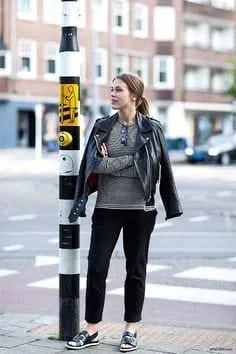 Wear with Grey Relaxed Fit Sweater & Black Leather Jacket