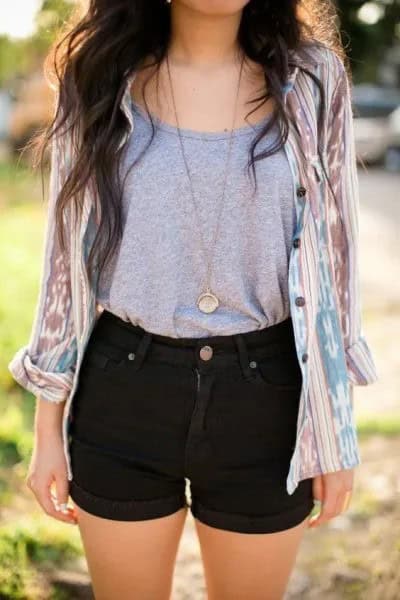 Grey Scoop Neck Tank Top with Blush Pink Tie Dye Shirt