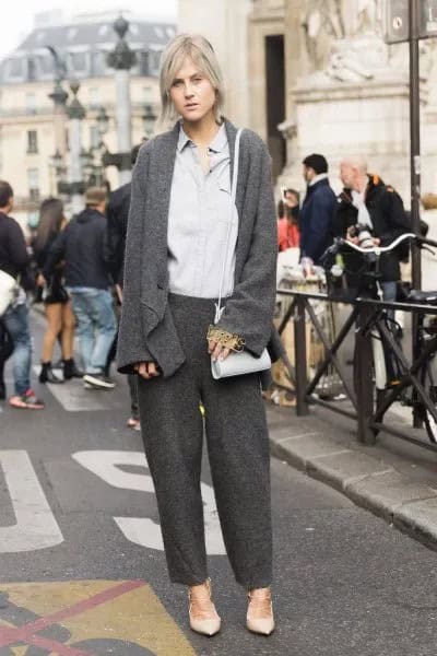 Grey Knit Cardigan with Matching Pants & Light Blue Shirt