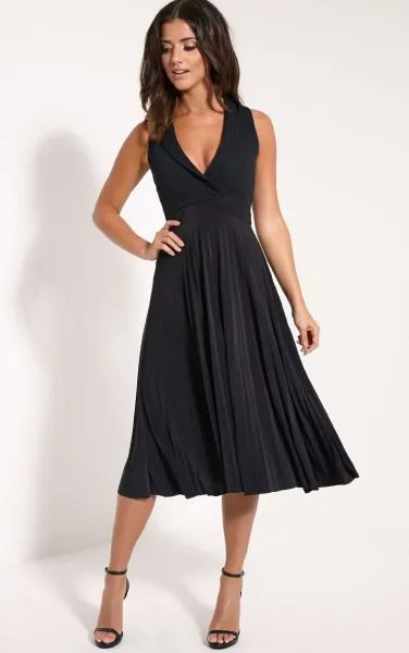 Black Deep V Neck Fit and Flare Midi Pleated Dress