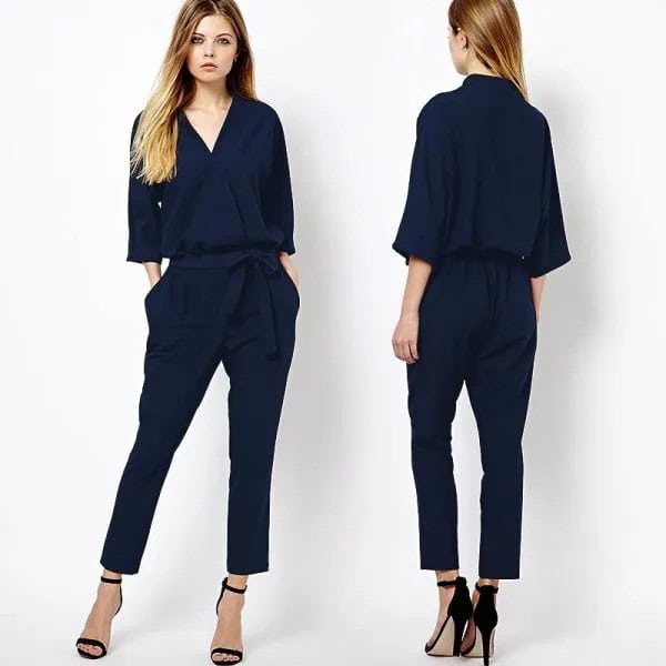 Navy Three Quarter Sleeve Jumpsuit with Black Open Toe Heels