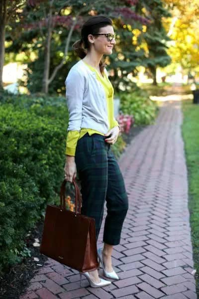 Yellow Sweatshirt with Grey Cardigan & Green Pants