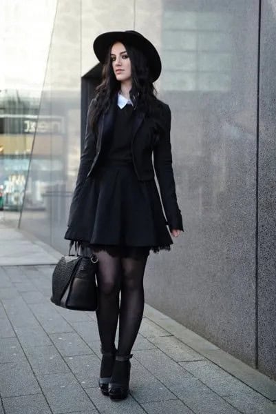 White Collar Black Pleated Dress with Blazer