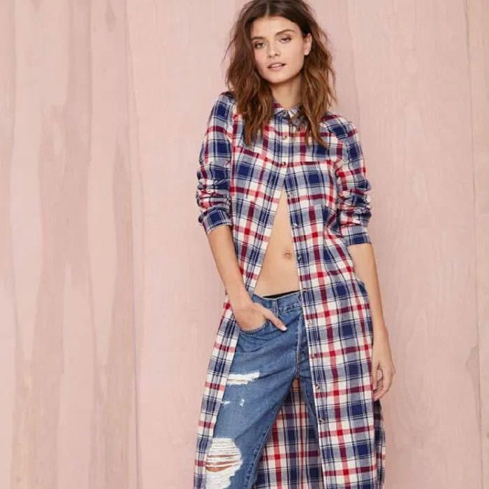 Midi Plaid Tunic Shirt Dress with Ripped Boyfriend Jeans