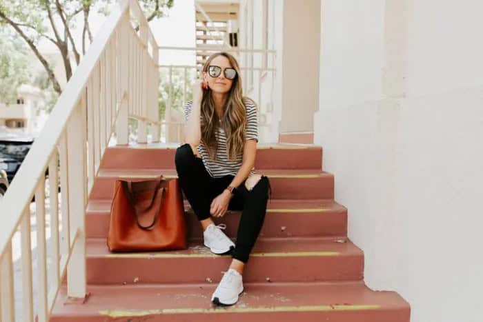 Black and White Striped T Shirt with Skinny Ripped Jeans & Comfortable Walking Sneakers