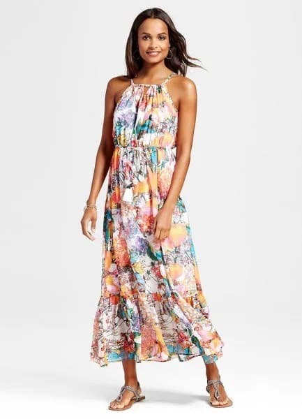 Floral Printed Halter Maxi Chiffon Hawaiian Dress