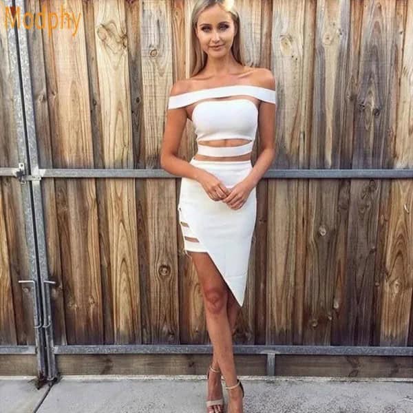 White Off The Shoulder Cutout Asymmetric Bandage Midi Dress