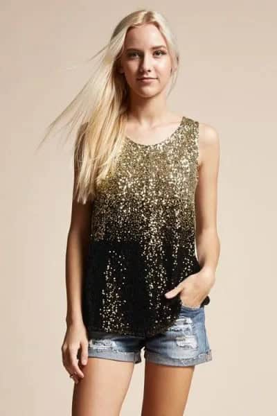 Pink and Black Sequin Tank Top with Blue Denim Mini Shorts