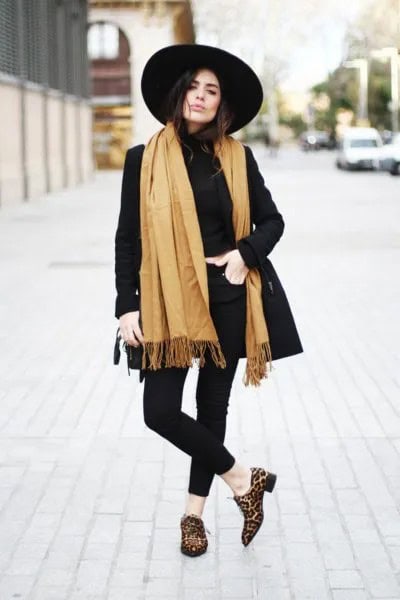 Black Longline Blazer with Orange Fringe Scarf & Leopard Print Loafers