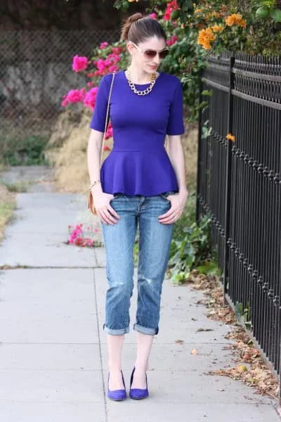 Blue Peplum Top with Color Matching Ballet Flats