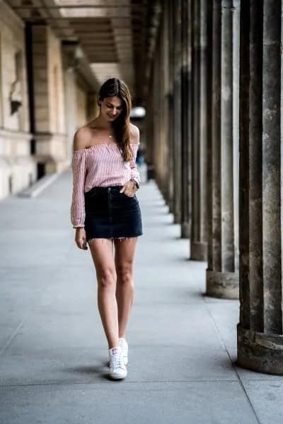 Black and White Vertical Striped Off The Shoulder Blouse with Denim Mini Skirt