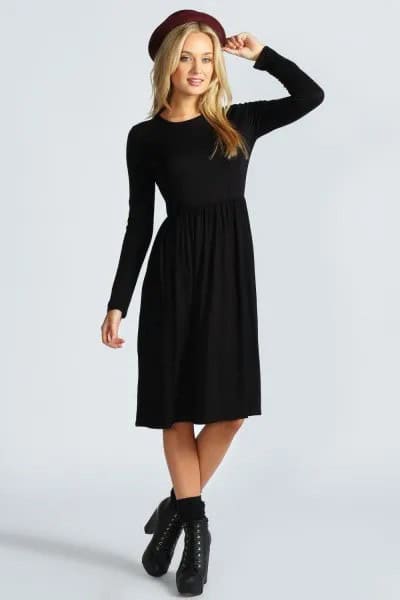 Felt Hat with Black Long Sleeve Fit and Flare Midi Dress with Heeled Boots