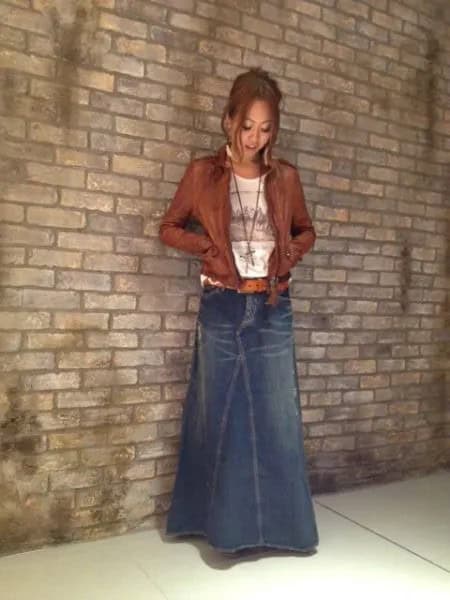 Blue Slightly Flared Maxi Denim Skirt with Brown Leather Jacket