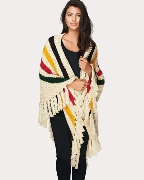 Multi-Colored Striped Knit Fringe Wrap with All-Black Outfit