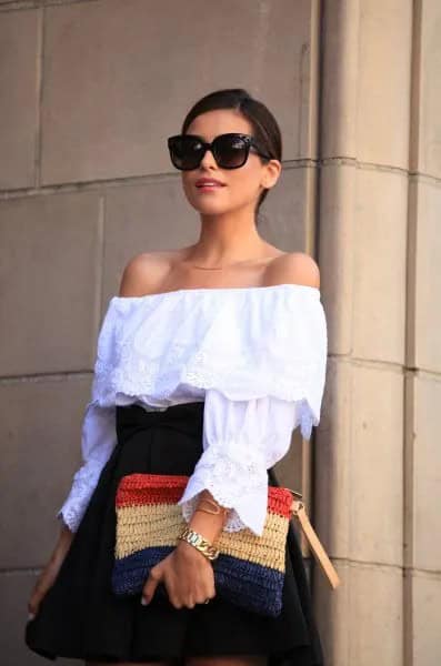 Off The Shoulder Blouse with Navy High Waisted Flared Mini Skirt