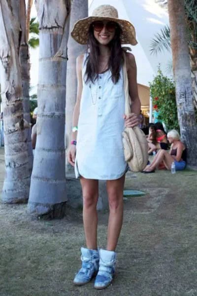 White Mini Shift Dress with Light Blue Hidden Wedge Sneakers