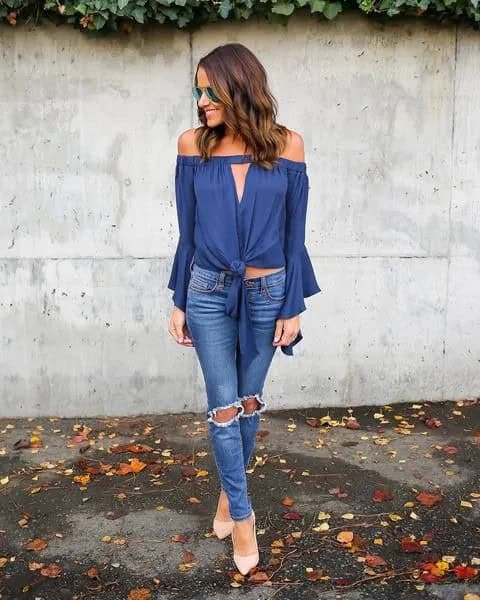 Blue Off the Shoulder Shirt