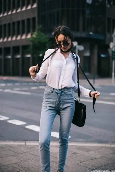 White Button Up Shirt with Black Skinny Scarf & Light Blue Jeans