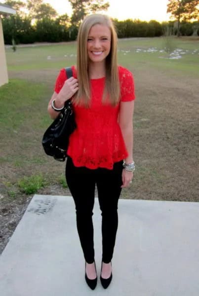 Red Peplum Lace Top with Black Ballet Flats