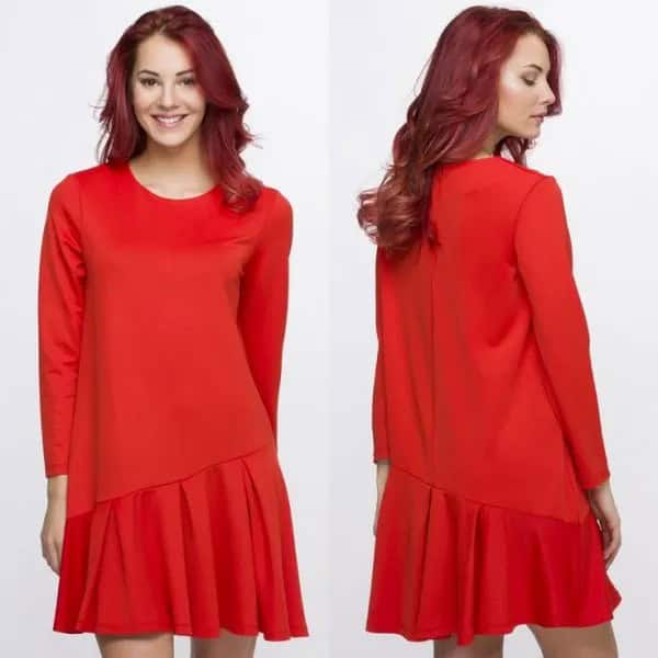 Red Asymmetrical Long Sleeve Drop Waist Dress