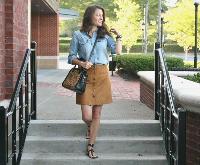 Blue Chambray Shirt with Brown Suede Mini Button Front Skirt