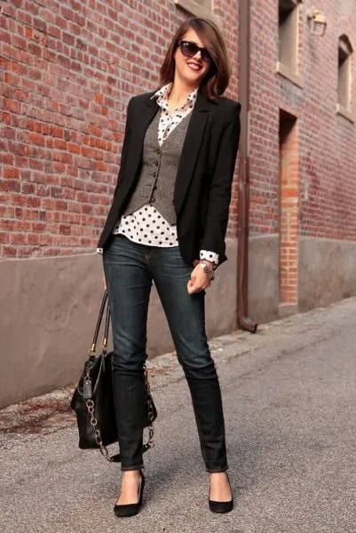 White and Black Polka Dot Shirt with Grey Vest