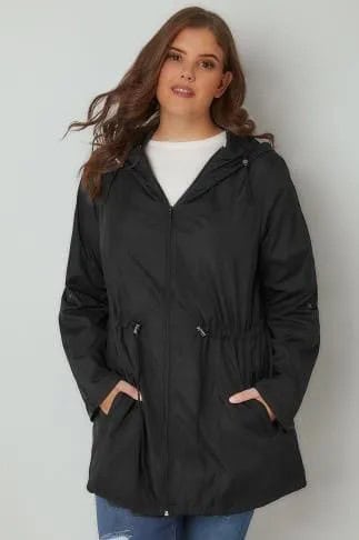 Black Relaxed Fit Parka Jacket with Crew Neck Sweater & Blue Jeans