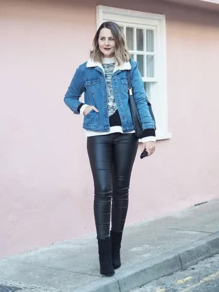 Blue Denim Jacket with White and Grey Knit Sweater & Leather Leggings