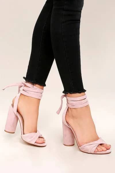 Black Skinny Jeans with Pink Strappy High Heels