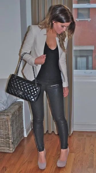 Grey Jacket with Scoop Neck Tank Top & Leather Pants