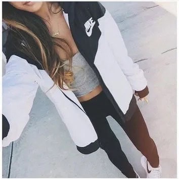 Black and White Color Block Nike Windbreaker with Grey Crop Top