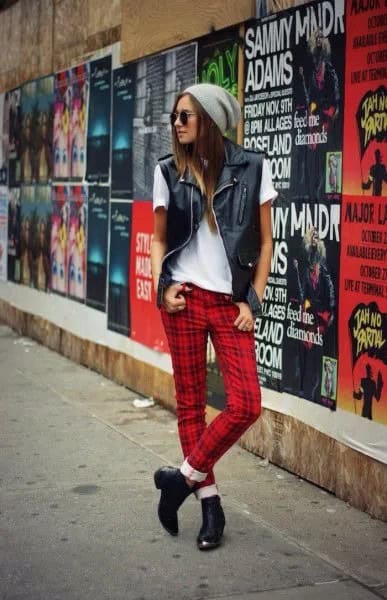 White Tee with Black Leather Vest & Red Plaid Pants