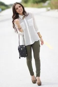 White Chiffon Blouse with Army Green Skinny Pants & Leopard Print Heels