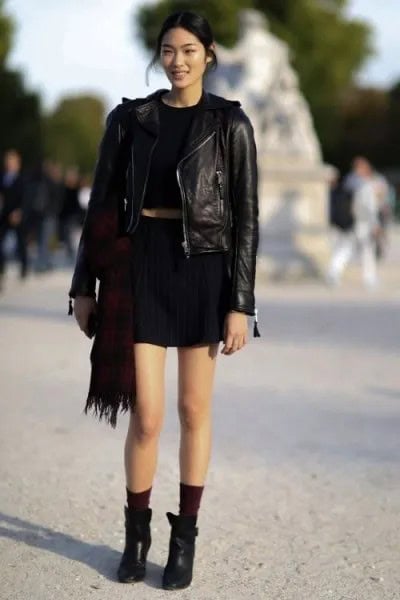 Leather Jacket with Black Cropped T Shirt & Mini Skirt