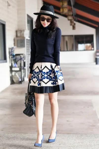 Navy Fitted Knit Sweater with White and Black Printed Skater Skirt