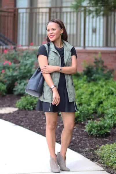 Black Short Sleeve Tee with Matching Skater Skirt & Military Vest