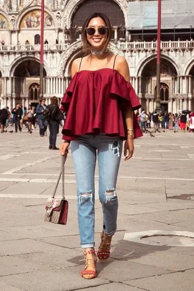 Green Off The Shoulder Ruffle Top with Ripped Boyfriend Jeans