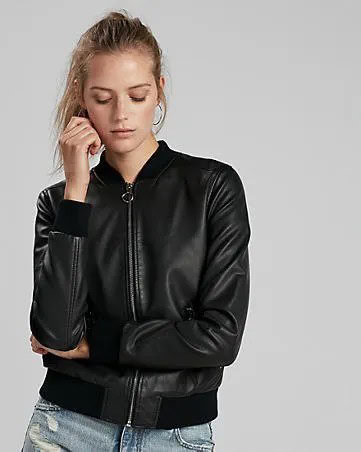 Zipped Black Leather Bomber Jacket with Ripped Boyfriend Jeans